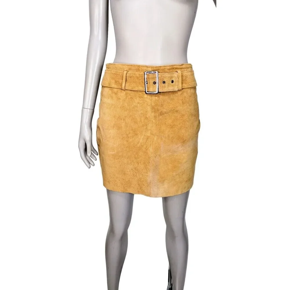 Vintage 80s Gold Suede Leather Belted Short Mini Pencil Skirt Size S/M